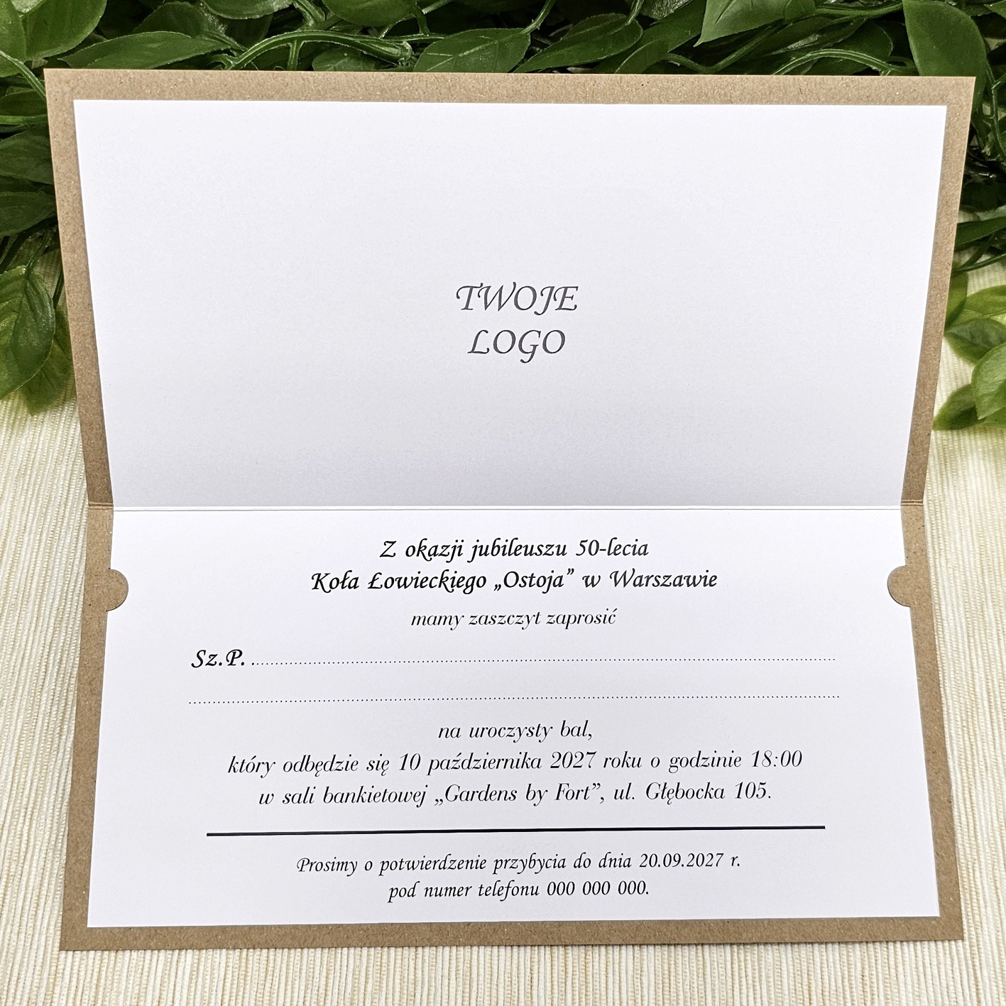 Ręcznie wykonane zaproszenia na jubileusz koła łowieckiego w formacie 20 × 10 cm z papieru ekologicznego i białą wkładką.